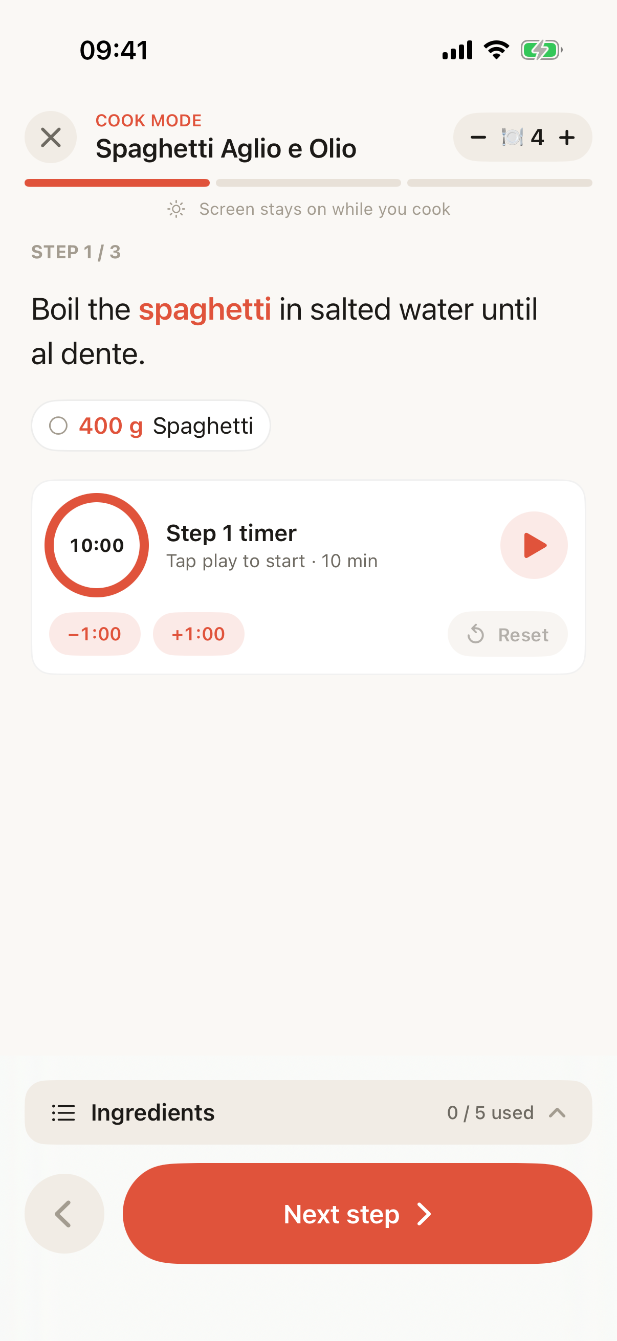 Cook mode with step timer and scaled ingredients